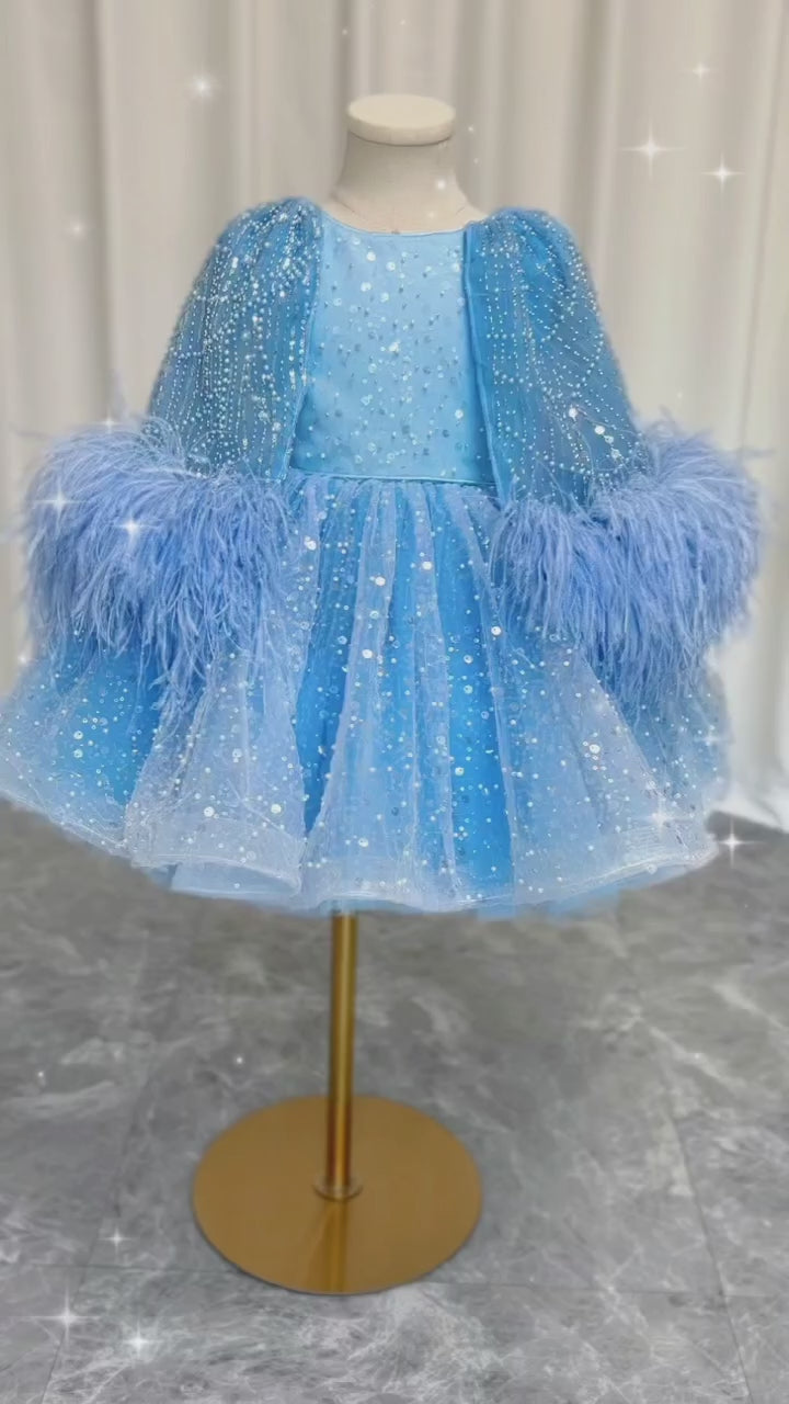 DreamyVow Luxury Blue Girl Dress Feathers Cap Sleeve Kid Princess Wedding Birthday Holiday Party Gown J170