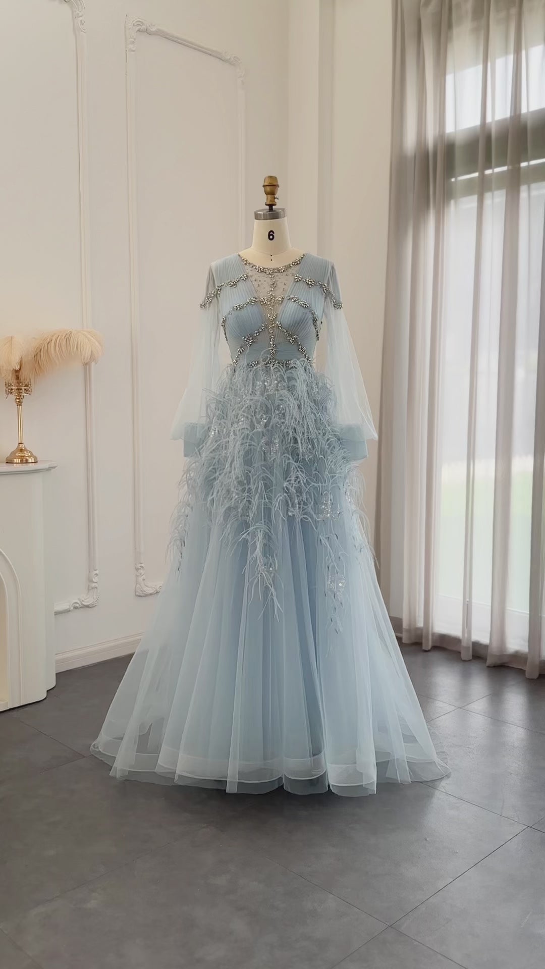 Dreamy Vow Luxury Feathers Dubai Blue Evening Dresses for Women Wedding Party Crystal Arabic Long Sleeve Formal Prom Gown SS108