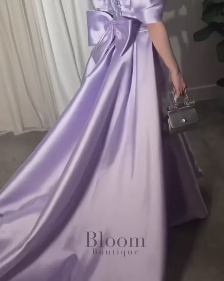 Elegant Off Shoulder Lilac Evening Dress with Overskirt SF084