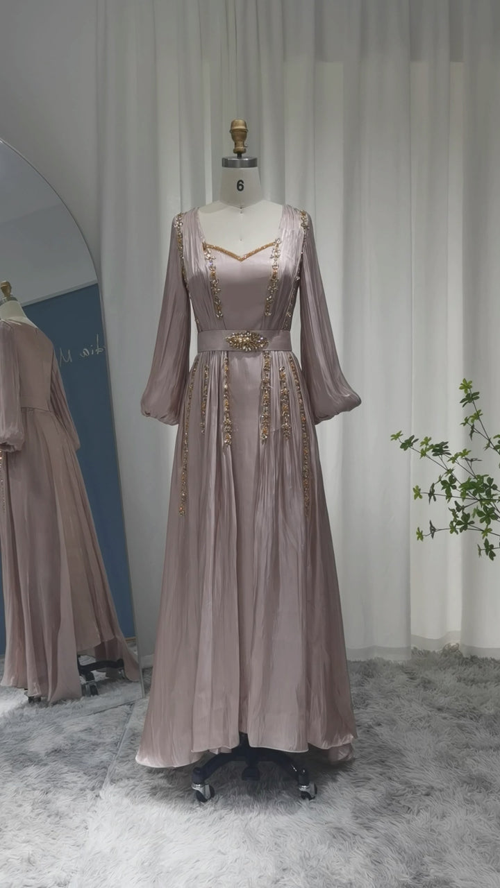 Dreamy Vow Rose Gold Moroccan Kaftan Long Sleeve Dubai Muslim Evening Dress for Women Wedding Party Arabic Engagement Formal Gowns SS441