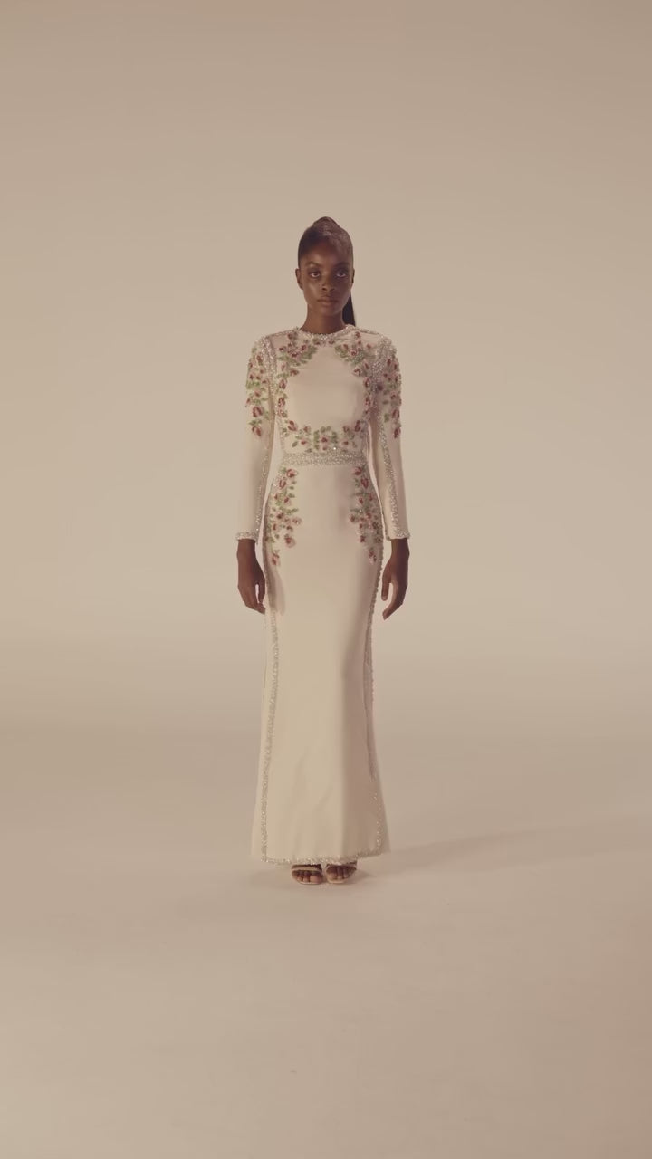 Dreamy Vow Elegant White Long Sleeves Embroidery Flora Evening Dress SS541