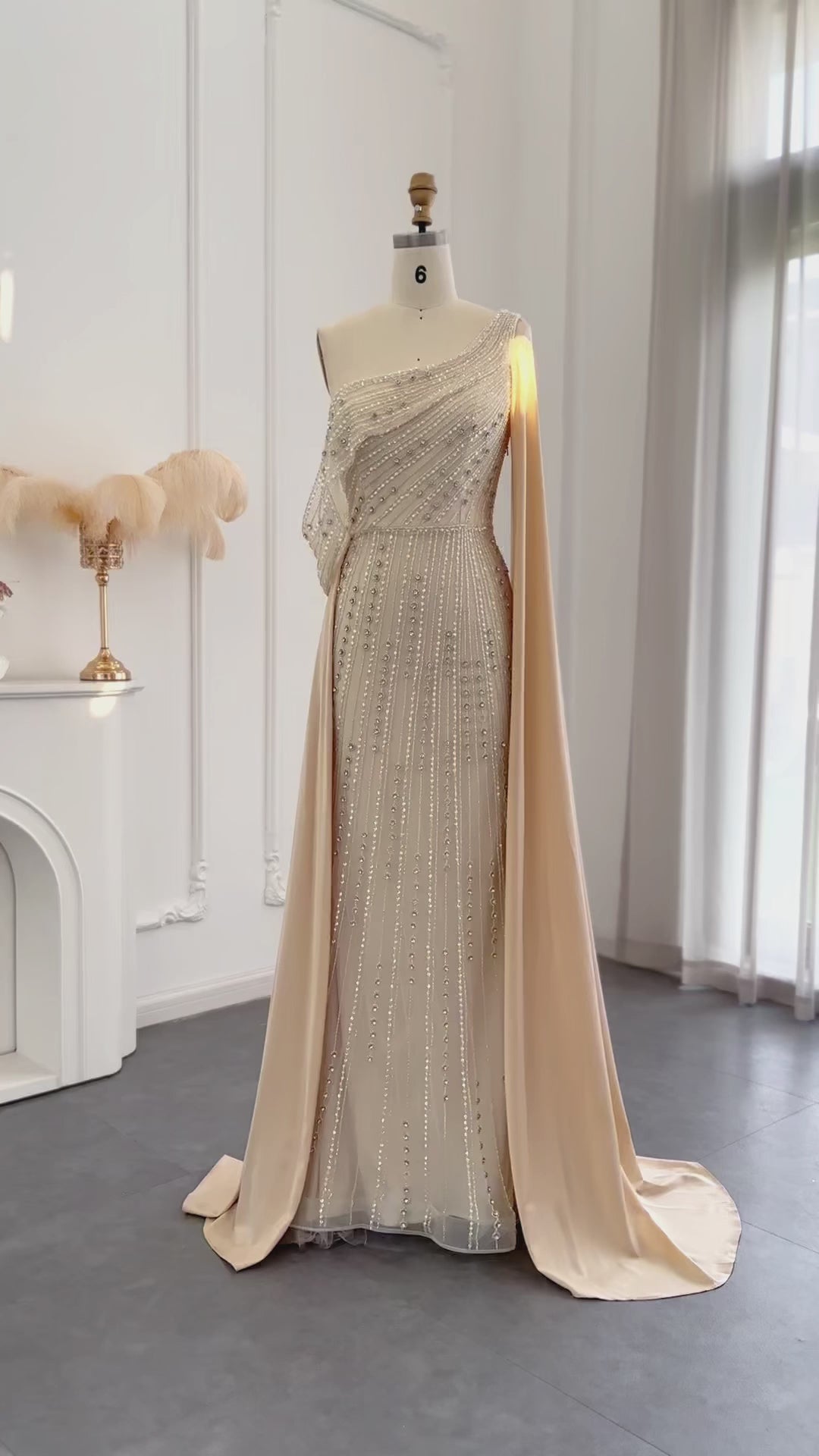 Dreamy Vow Arabic One Shoulder Mermaid Champagne Evening Dress Luxury Dubai Beaded Cape Sleeve Wedding Formal Party Gowns SS316