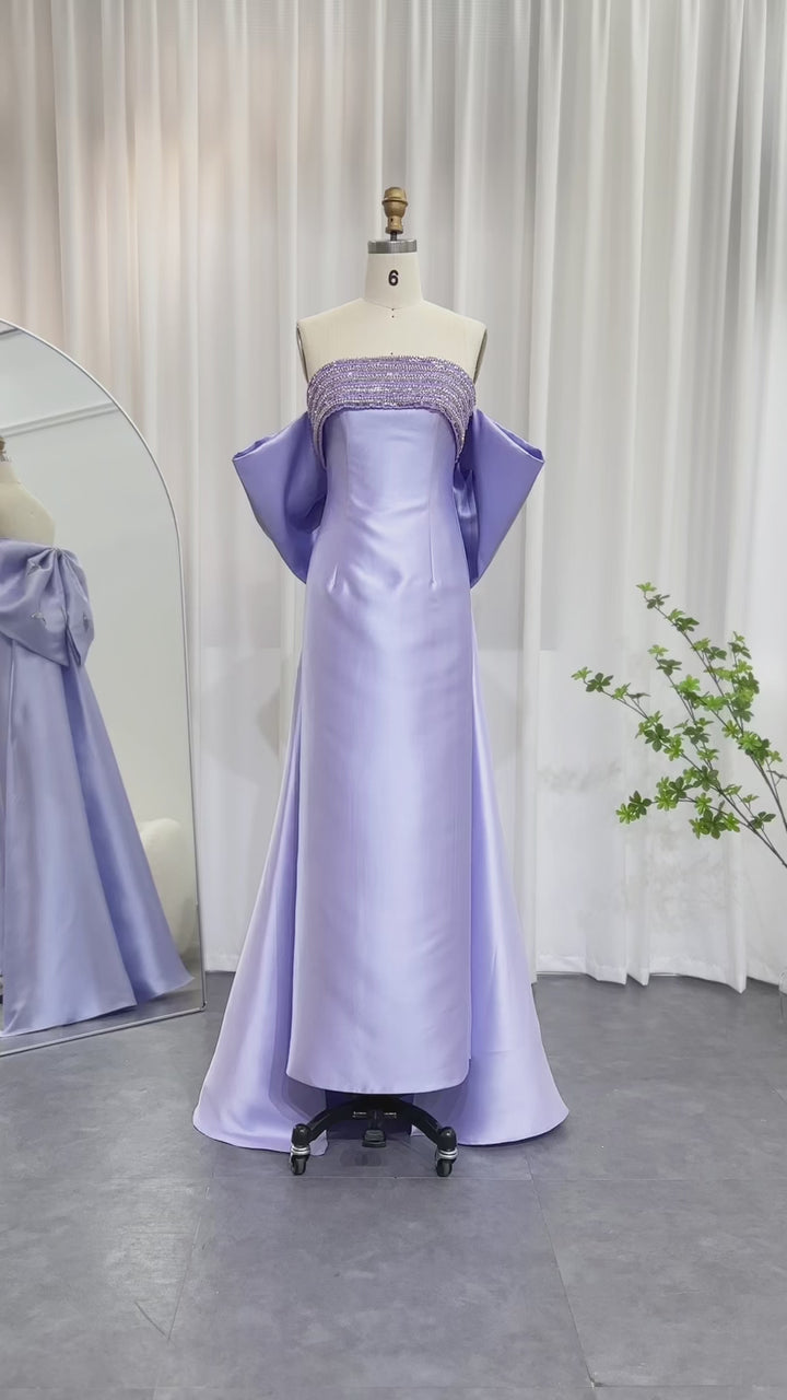 Dreamy Vow Luxury Dubai Lilac Arabic Evening Dresses with Bow Cape Beaded 2023 Elegant Women Wedding Formal Party Gowns SS319