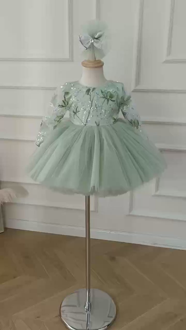 DreamyVow Sage Green Baby Long Sleeve Knee Length Girl Dress J060