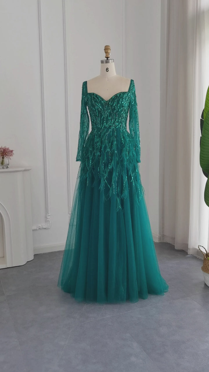 Dreamy Vow Luxury Dubai Feathers Lilac Evening Dresses for Women Wedding Elegant Emerald Green Arabic Formal Party Gowns SS351