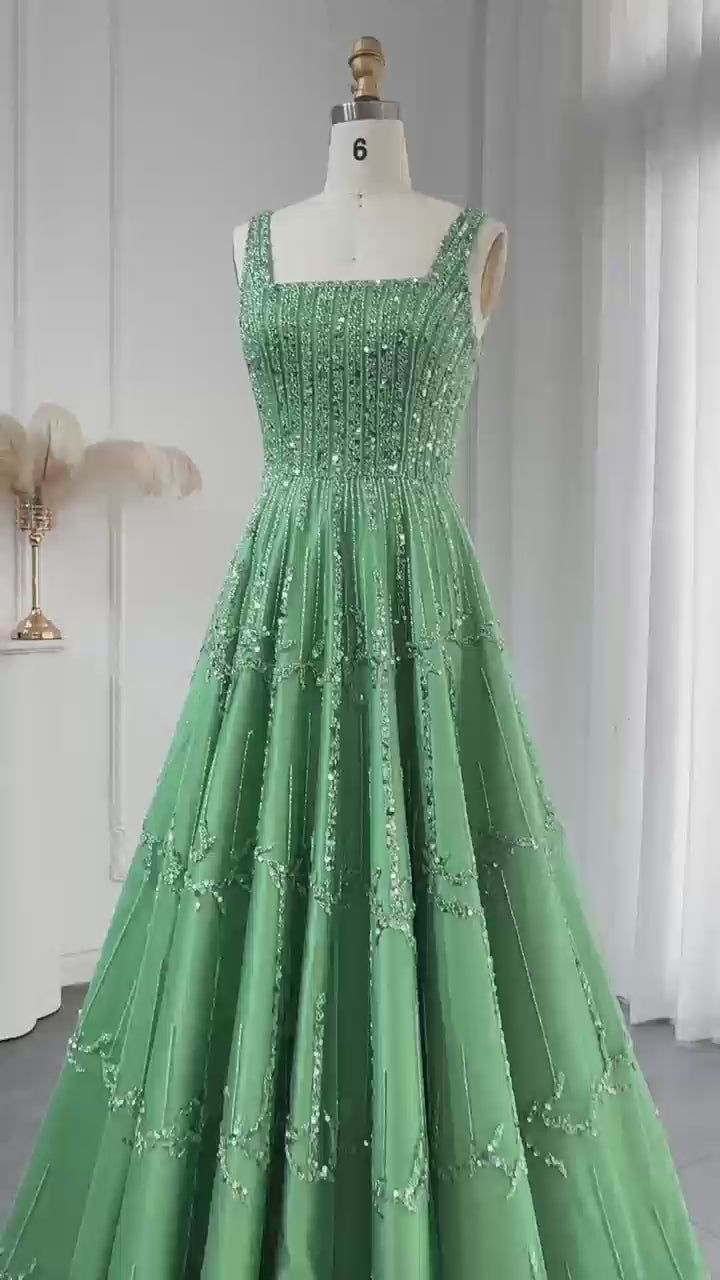 Dreamy Vow Luxury Beaded Dubai Green Evening Dresses with Spaghetti Straps Arabic Women Wedding Party Gowns SS225