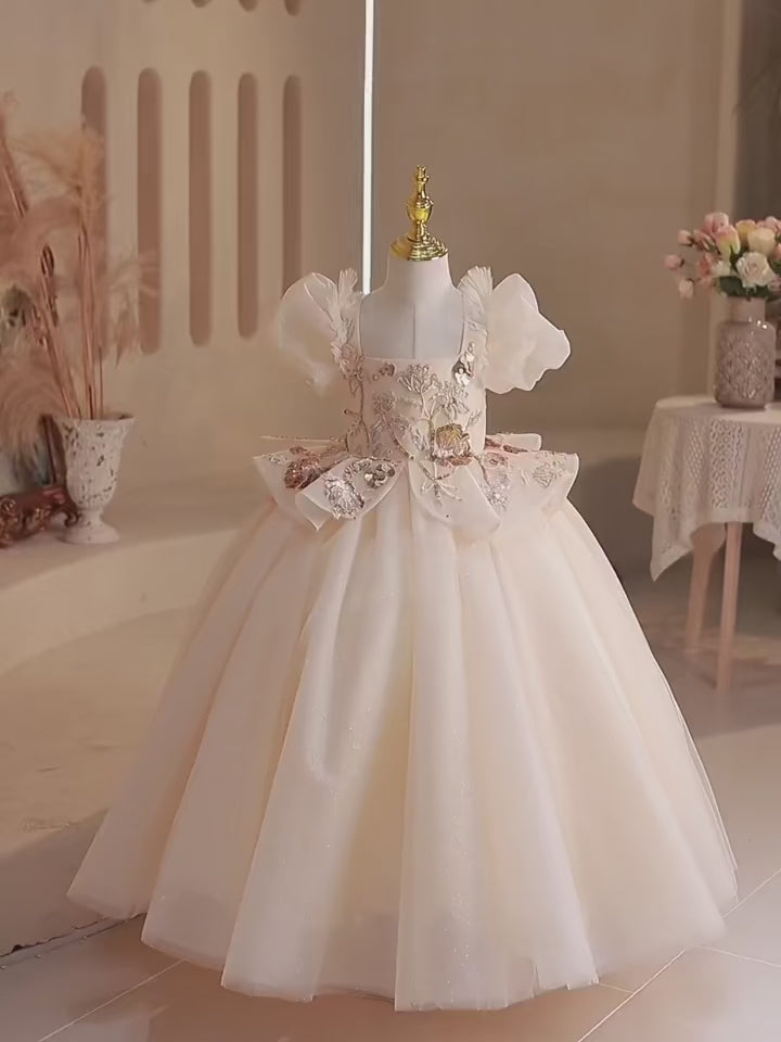 Dreamy Vow Elegant Beige Dubai Girl Dress Beading Arabic Princess Kids Wedding Birthday Party Ball Gown Holy Communion 2024 J243