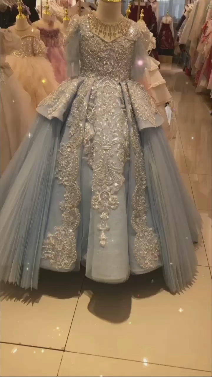 DreamyVow Luxury Arabic Blue Quinceanera Dresses Beaded Pearls Dubai Princess Ball Gown for Kids Birthday Wedding Party J079