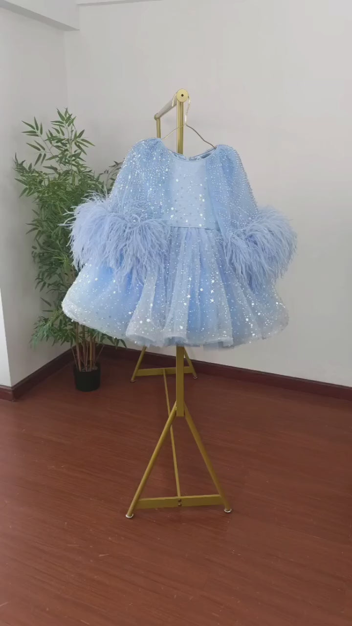 DreamyVow Luxury Blue Girl Dress Feathers Cap Sleeve Kid Princess Wedding Birthday Holiday Party Gown J170