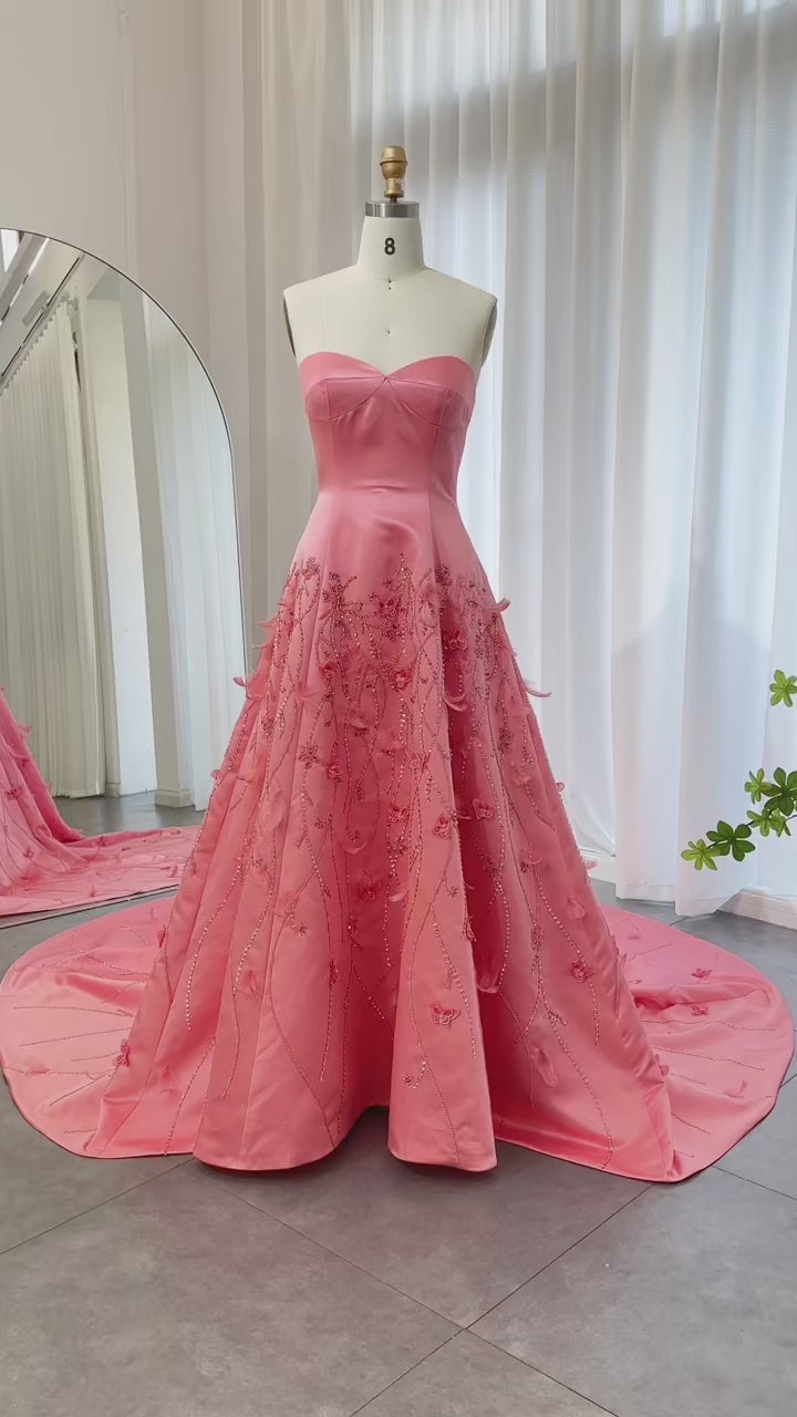 Luxury Feathers Dubai Coral Pink Evening Dresses 3D Flowers SS470