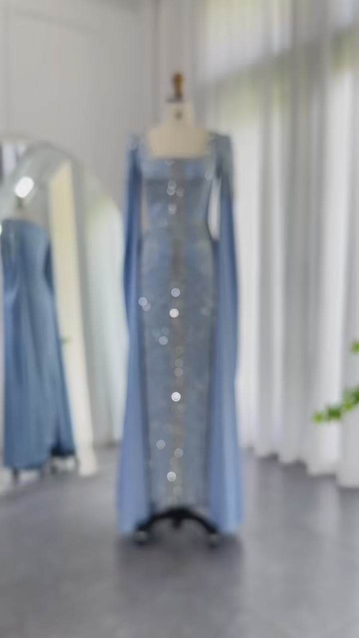 Dreamy Vow Luxury Dubai Blue Mermaid Muslim Evening Dresses with Cape Sleeves Arabic Women Wedding Engagement Party Gowns SS365