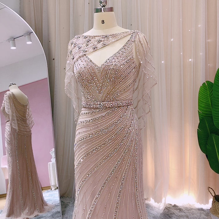 Dreamy Vow Arabic Champagne Dubai Mermaid Evening Dress with Cape Luxury Bead Formal Prom Dresses for Women Wedding Party SS122