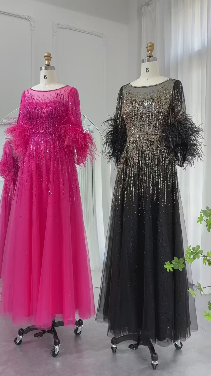 Dreamy Vow Luxury Feathers Black Dubai Evening Dresses for Women Elegant Fuchsia Arabic Half Sleeve Wedding Party Dress SS339