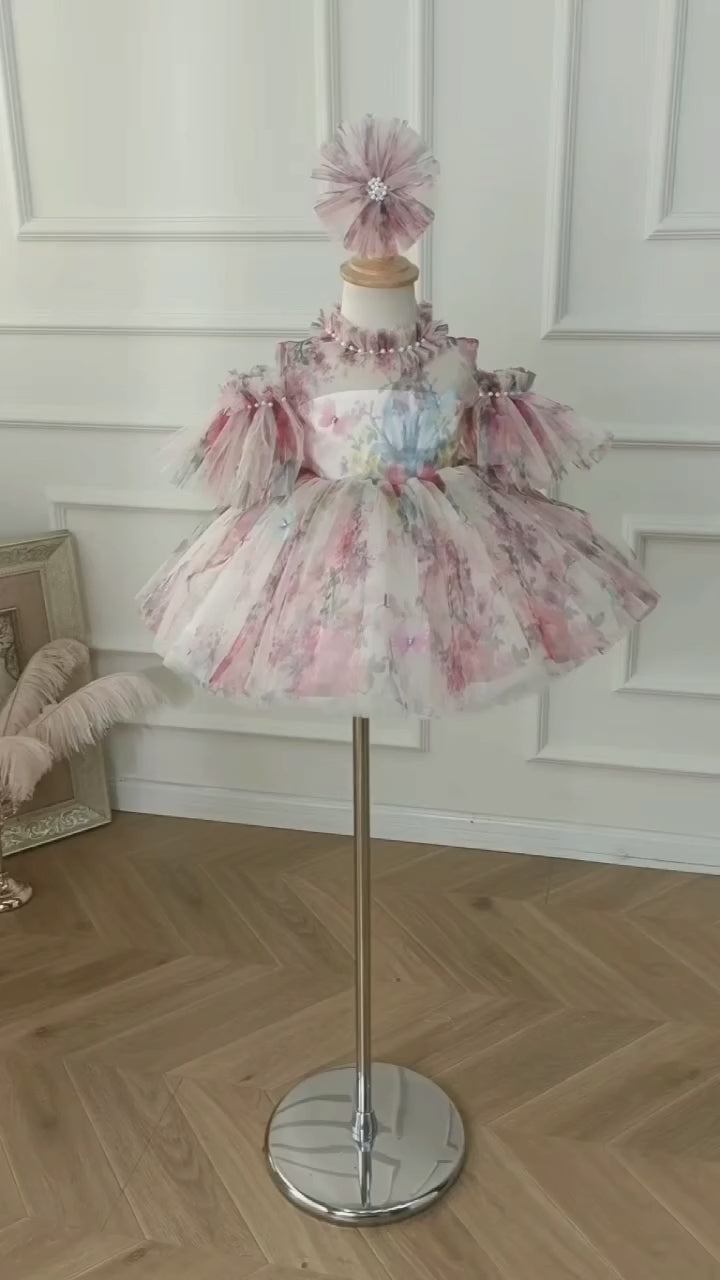 DreamyVow Floral Puffy Sleeve Knee Length Adorable Baby Birthday Girl Dress J052