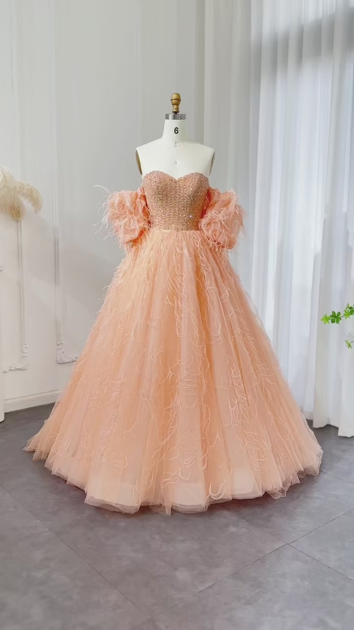 Dreamy Vow Luxury Feathers Ball Gown Coral Pink Evening Dress 2024 Vestidos de 15 quinceañera Girls Birthday Party Gowns SS502
