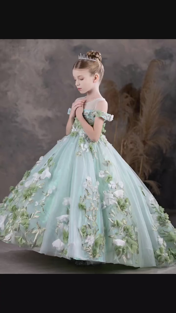 DreamyVow Luxury Arabic Sage Green Flower Girl Dresses Floral Appliques Princess Kids Gown for Birthday Wedding Party Show J119