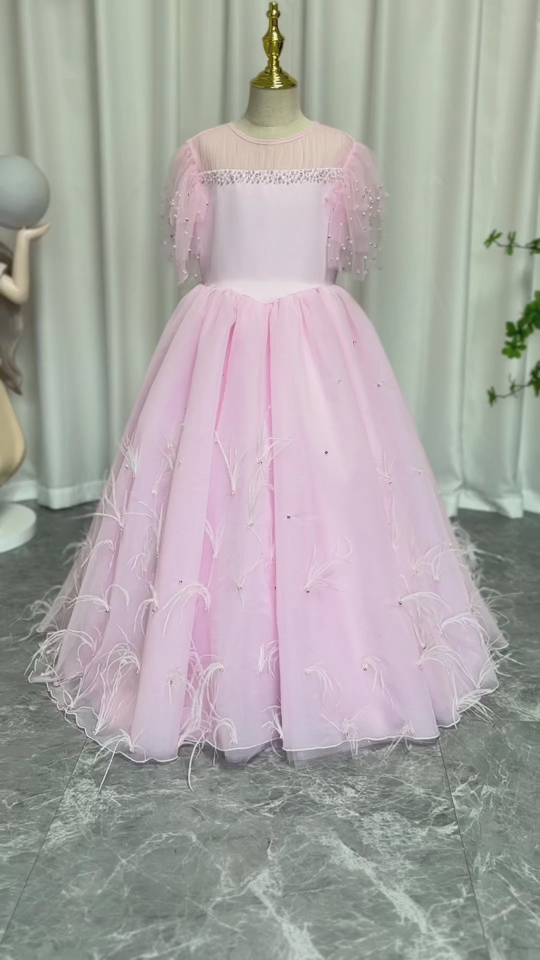 DreamyVow Luxury Blush Pink Girl Dress Feathers Beaded Princess J391