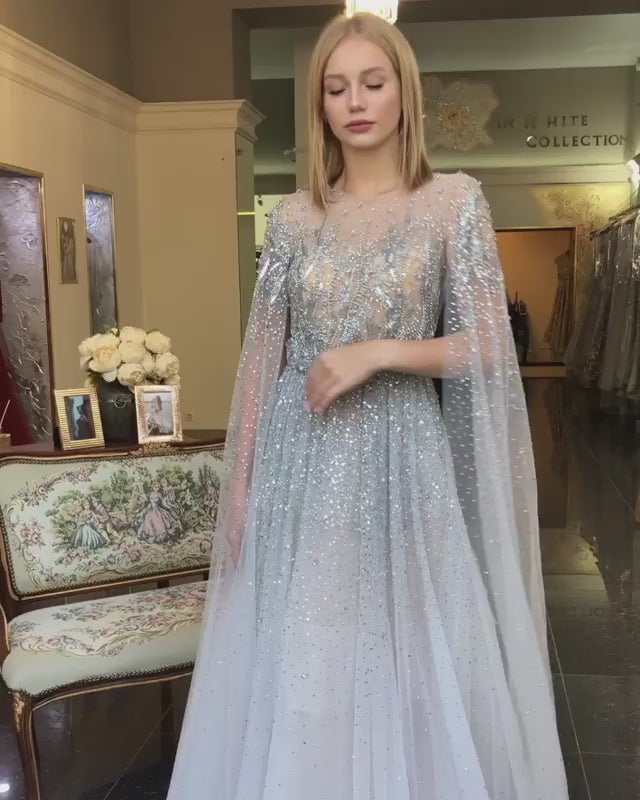 Dreamy Vow Luxury Silver Beaded Dubai Evening Dresses with Cape Sleeves Arabic Long Formal Party Dress for Women Wedding SS074
