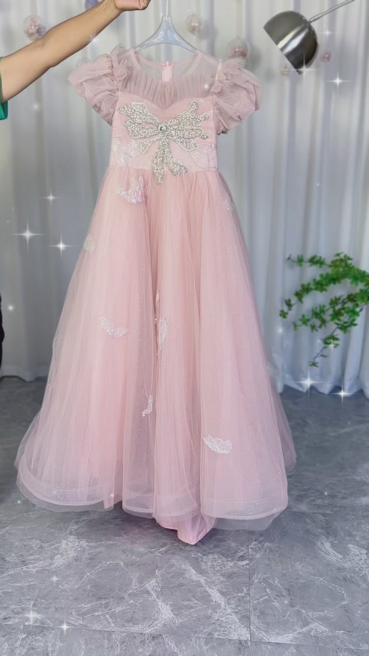 DreamyVow Luxury Princess Dusty Pink Girl Dress Dubai Tulle Pearls Beading J022