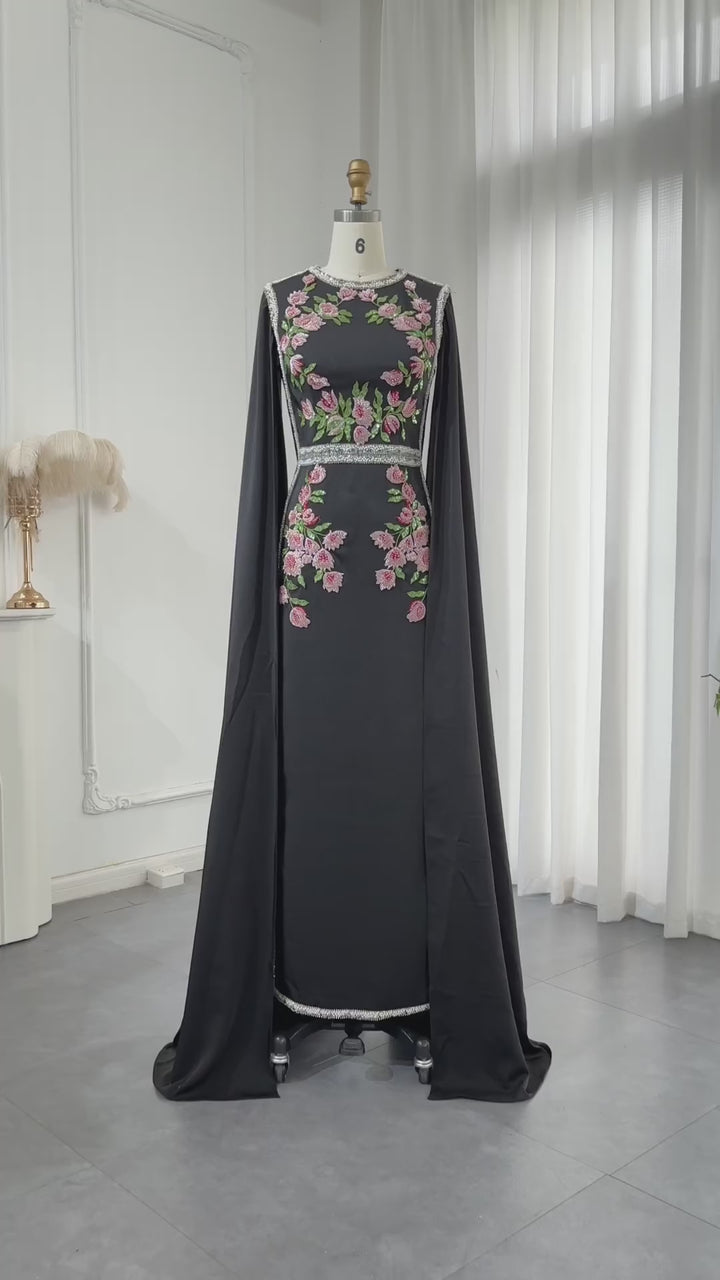 Dreamy Vow Luxury Embroidered Beaded Black Evening Dress with Cape Sleeves Dubai Women Wedding Party Gowns SS487