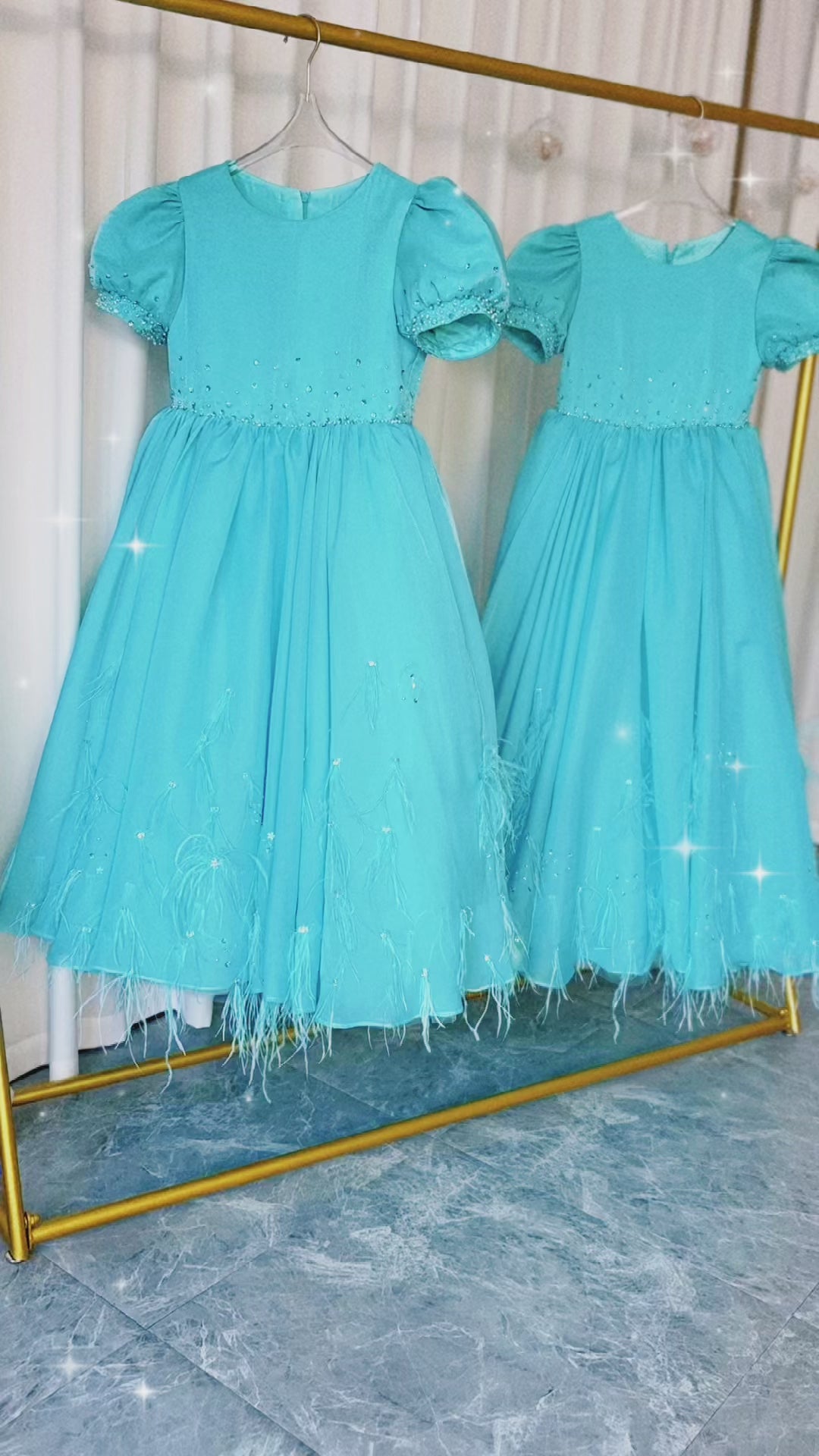 DreamyVow Luxury Turquoise Dubai Girl Dress Beaded Feathers Arabic Princess J380