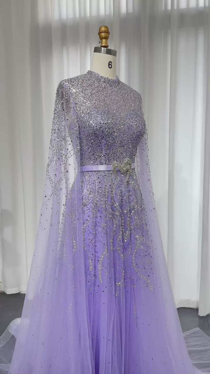 Dreamy Vow Luxury Dubai Blue Arabic Evening Dress with Cape Sleeves Elegant High Neck Muslim Women Wedding Party Gowns SS451