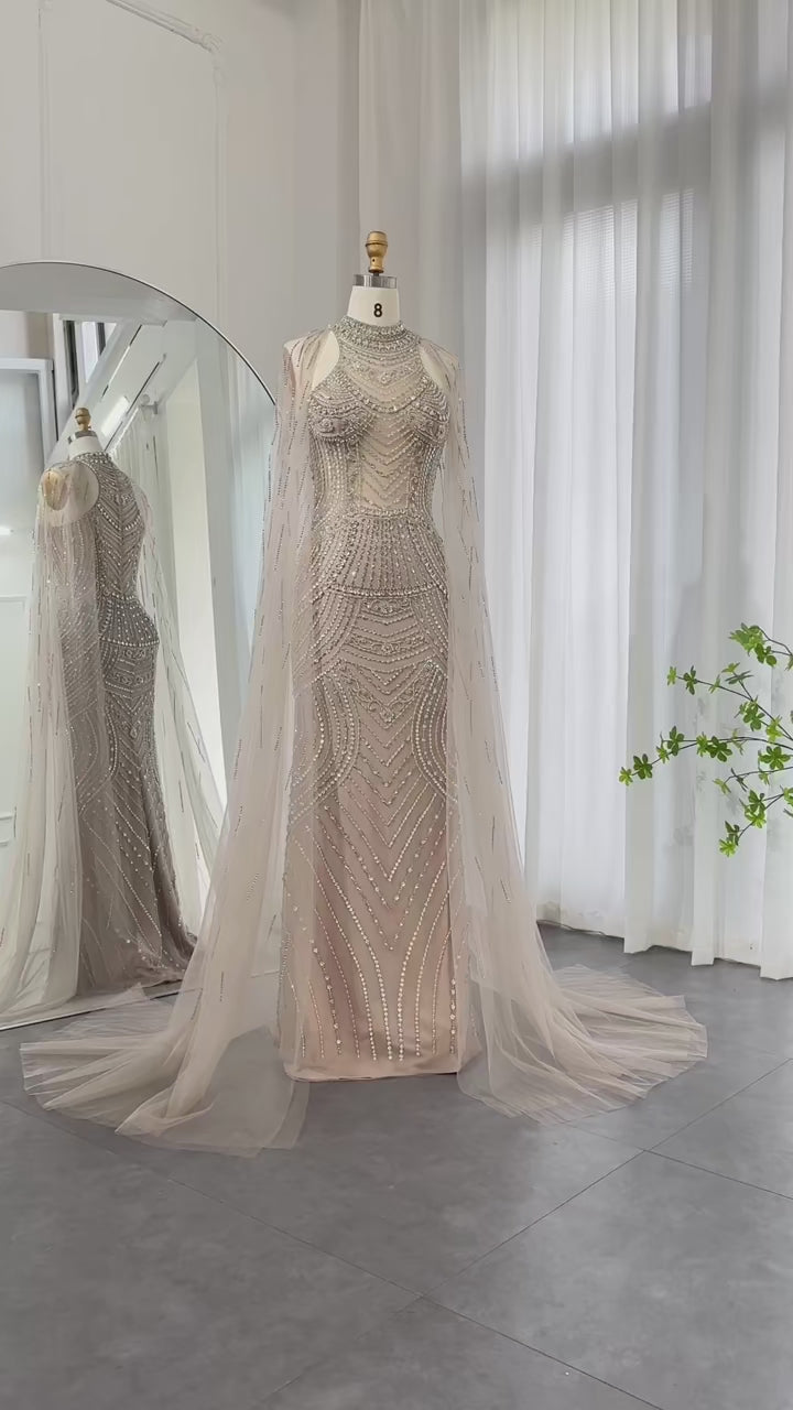 Dreamy Vow Luxury Dubai Champagne Mermaid Evening Dresses with Cape Sleeves Elegant High Neck Wedding Formal Party Gowns SS230