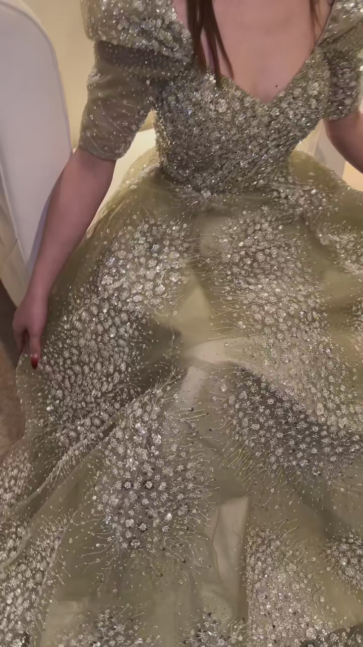 Dreamy Vow Glitter Lime Green Luxury Dubai Evening Dress Engagement Arabic Gowns SS155