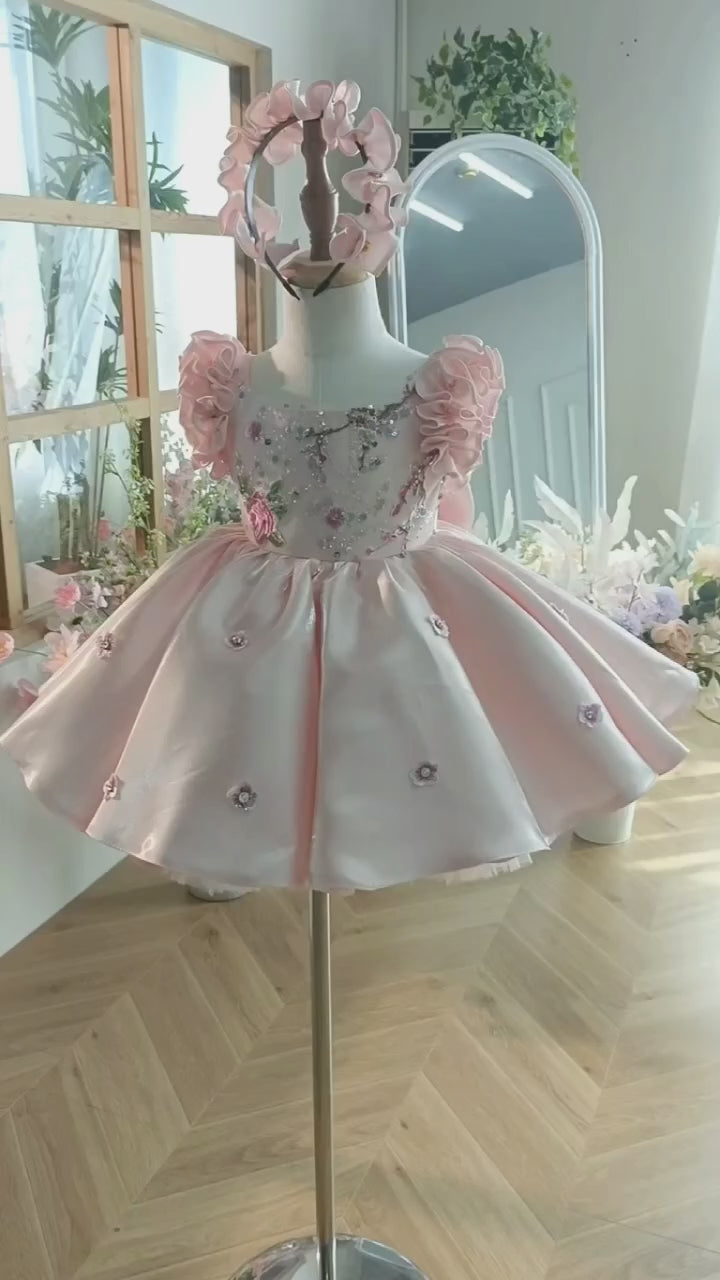 DreamyVow Elegant Dubai Pink Girl Dress 3D Flowers with Hairband for Kids Wedding Birthday Communion Party Pageant 2024 J026