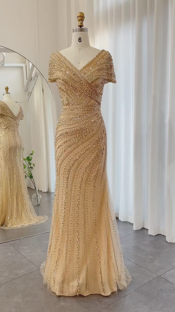 Dreamy Vow Luxury Dubai Silver Nude Mermaid Evening Dresses for Women Wedding Elegant Cap Sleeves Arab Formal Party Gowns SS045