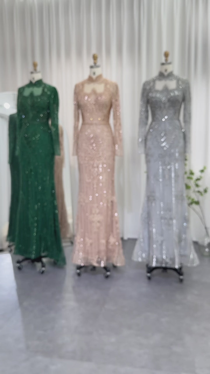 Dreamy Vow Luxury Rose Gold Muslim Dubai Evening Dresses Long Sleeves 2023 Emerald Green Silver Gray Wedding Party Gowns SS153