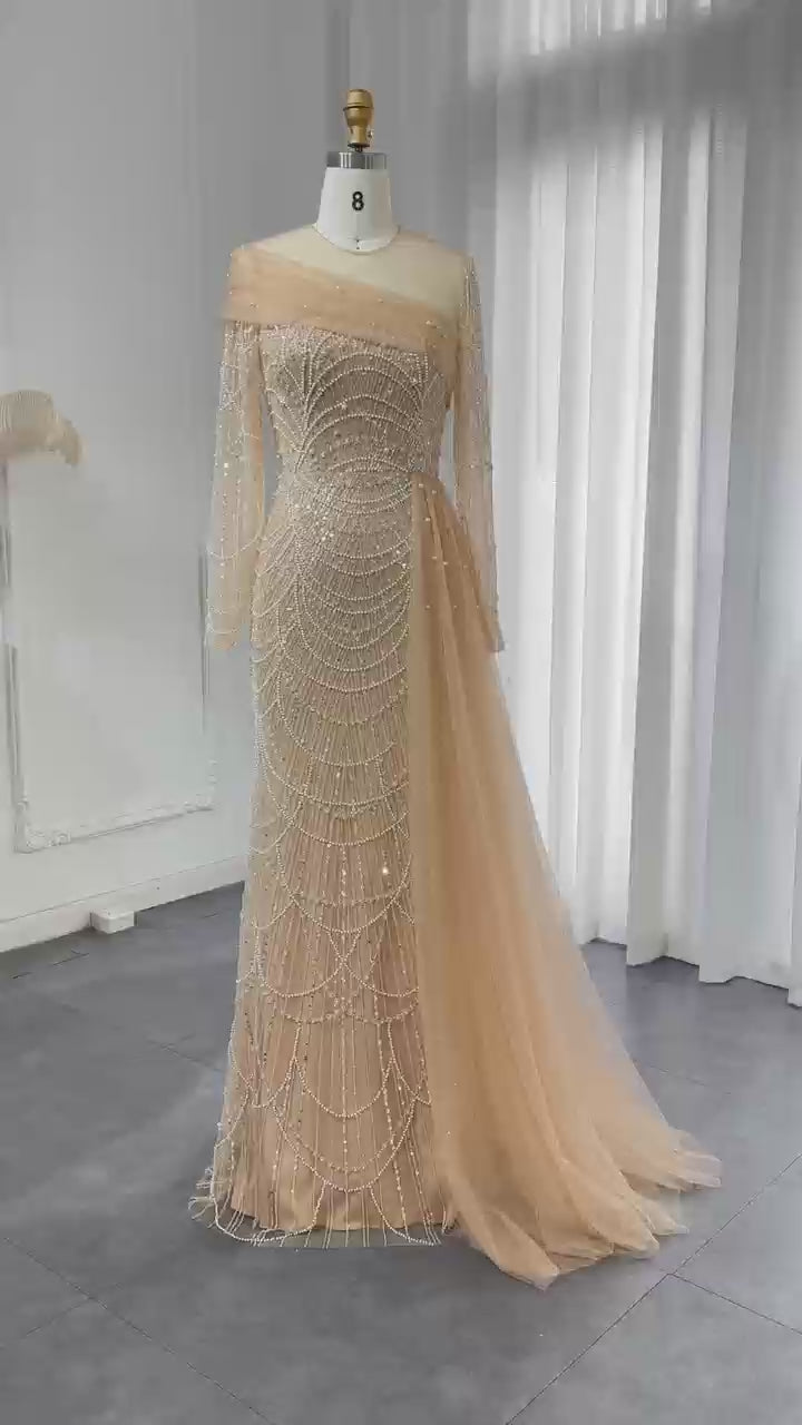 Luxury Champagne Mermaid Long Sleeves Arabic Evening Dress SS259