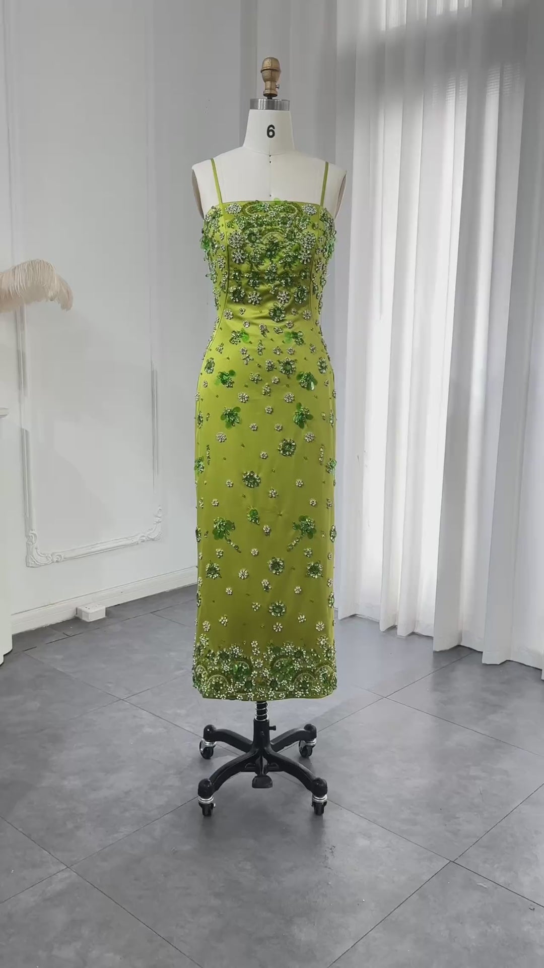 Luxury 3D Floral Beaded Short Green Evening Dress Spaghetti Straps SS233