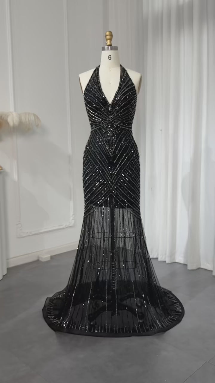 Dreamy Vow Sexy Halter Black Beaded Evening Prom Dress SS013