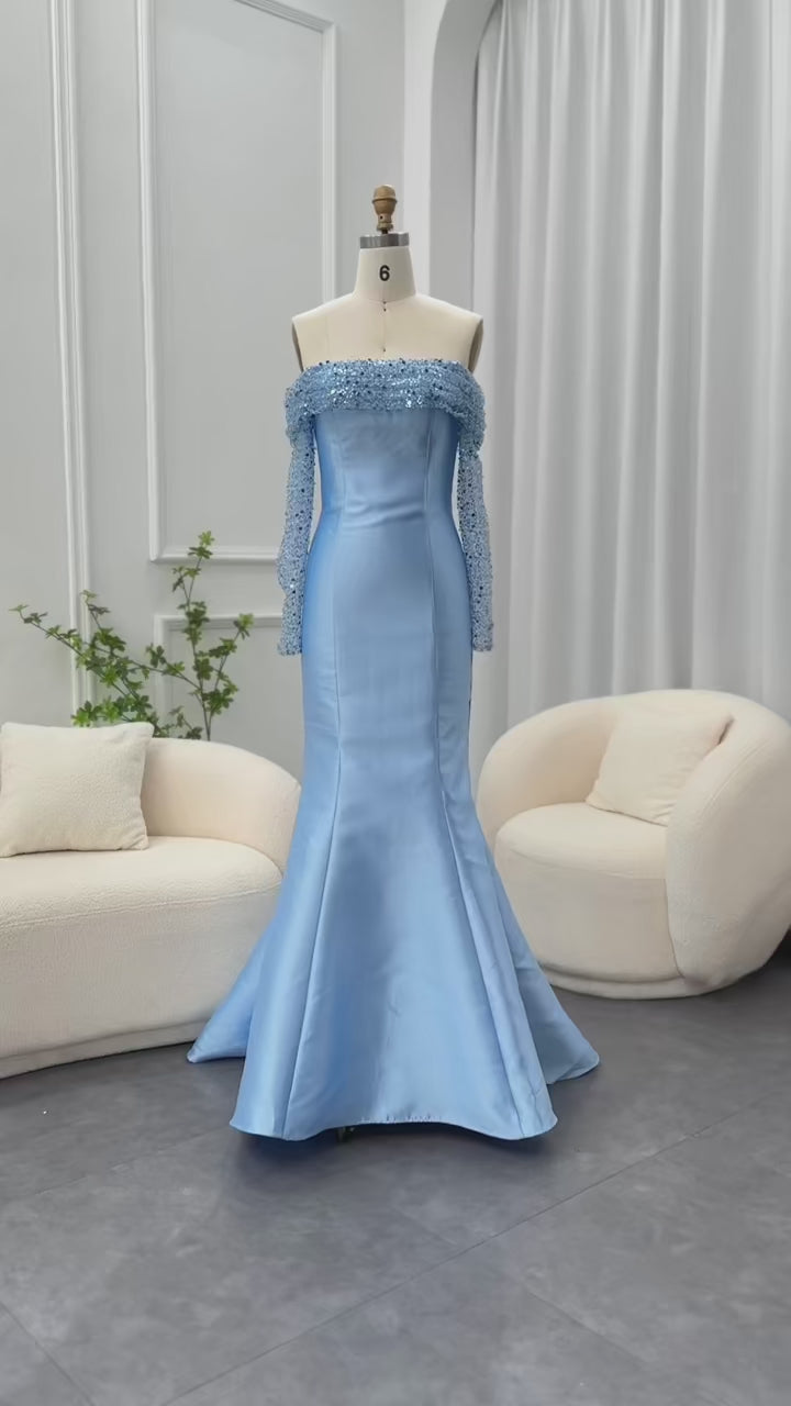 Dreamy Vow Elegant Off Shoulder Blue Arabic Evening Dress for Women Wedding Party Long Sleeves Dubai Formal Prom Gowns SS079