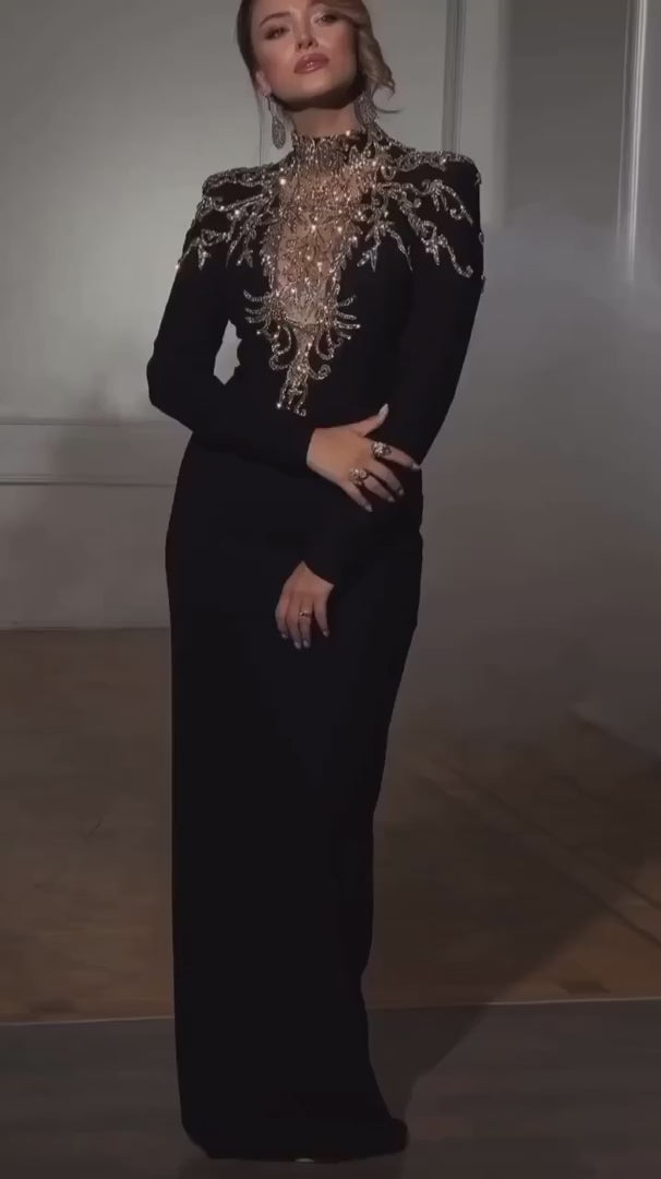 Elegant Black Long Sleeves Evening Dress with Gold Beaded SS217