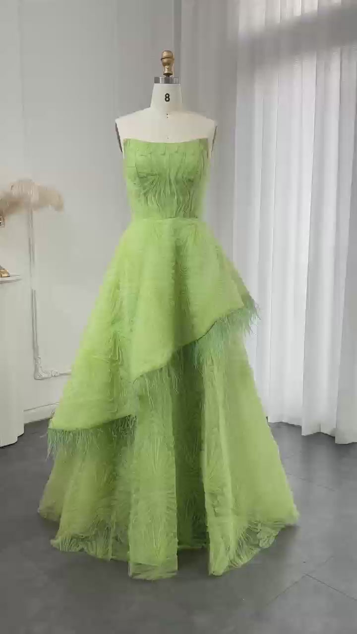 Luxury Feather 3D Floral Lime Green Strapless Evening Dress SF034