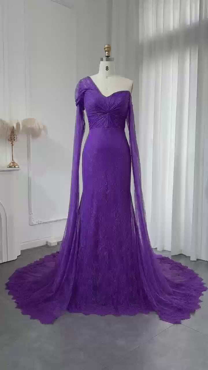 Purple Lace Mermaid Evening Dress with Cape Sleeves SF055