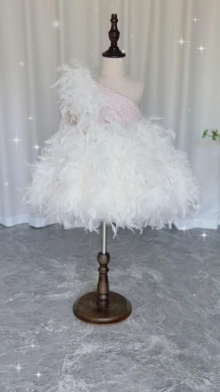 Dreamy Luxury Arabic White Girl Dress Feathers for Kids Princess Birthday Wedding Party J394