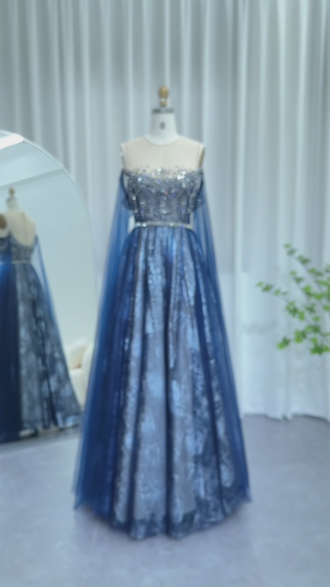 Luxury Dubai Blue Evening Dress with Cape Sleeves SS300