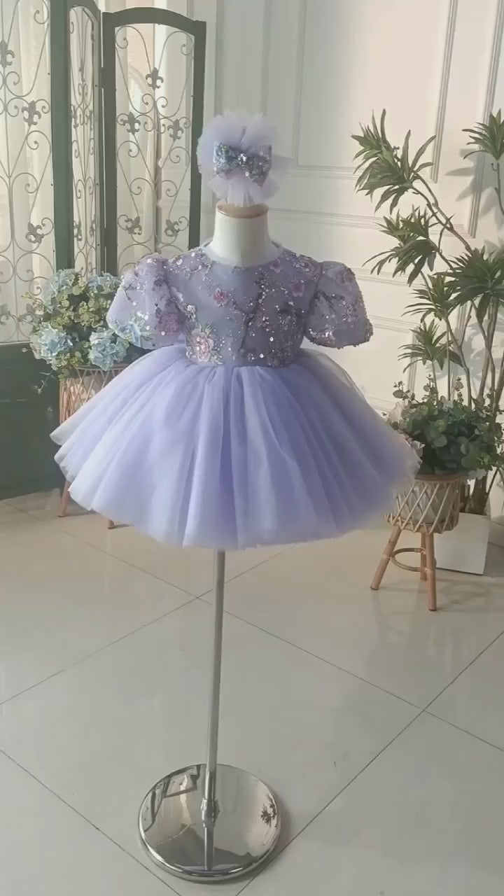 DreamyVow Elegant Lilac Arab Girl Dress Sequined Dubai Kids Princess Birthday Wedding Party Children Holiday Ball Gown 2024 J266