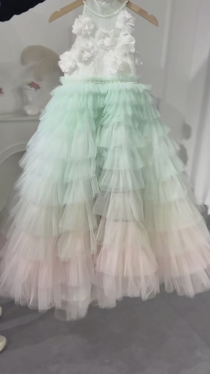 DreamyVow Luxury Sage Green Flower Girl Dresses Handmade Flower Tiered J074