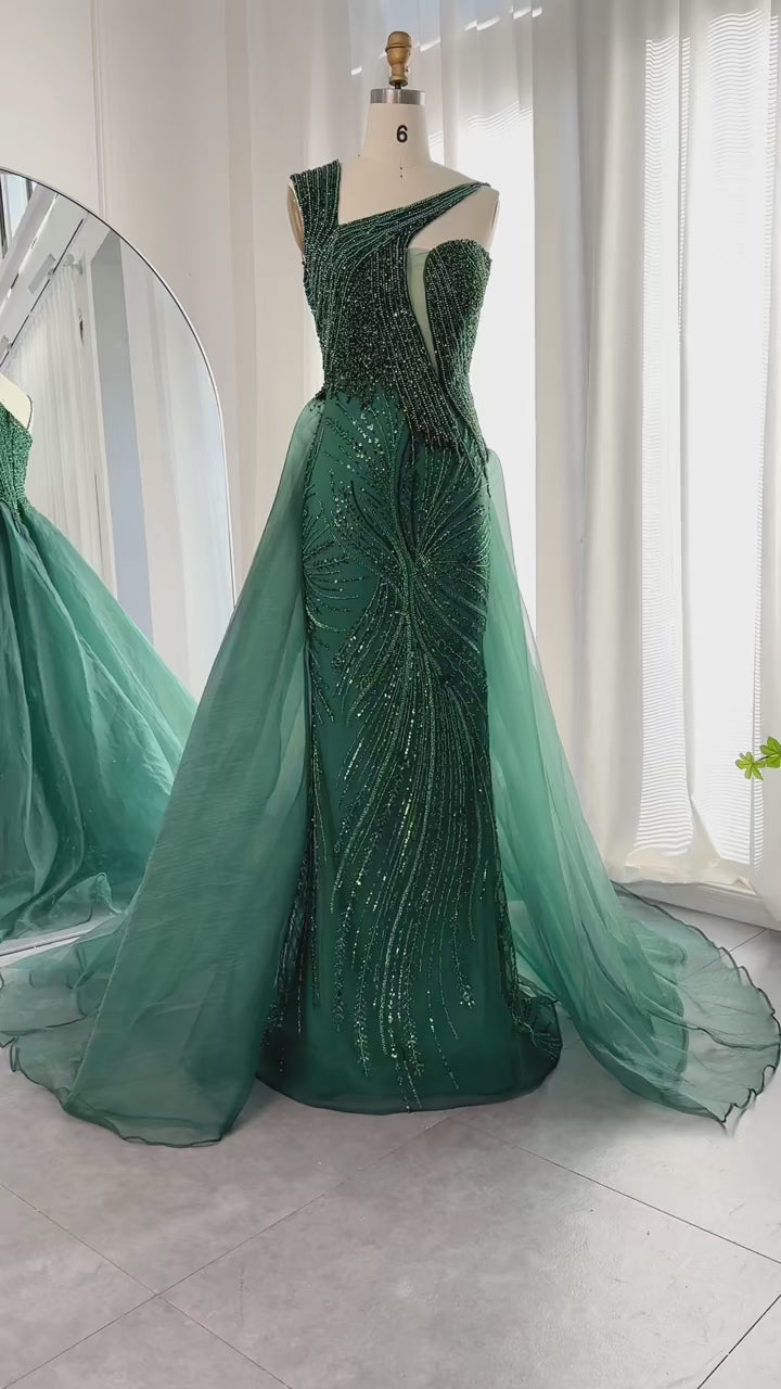 Emerald Green Evening Dress with Overskirt Elegant One Shoulder SS128