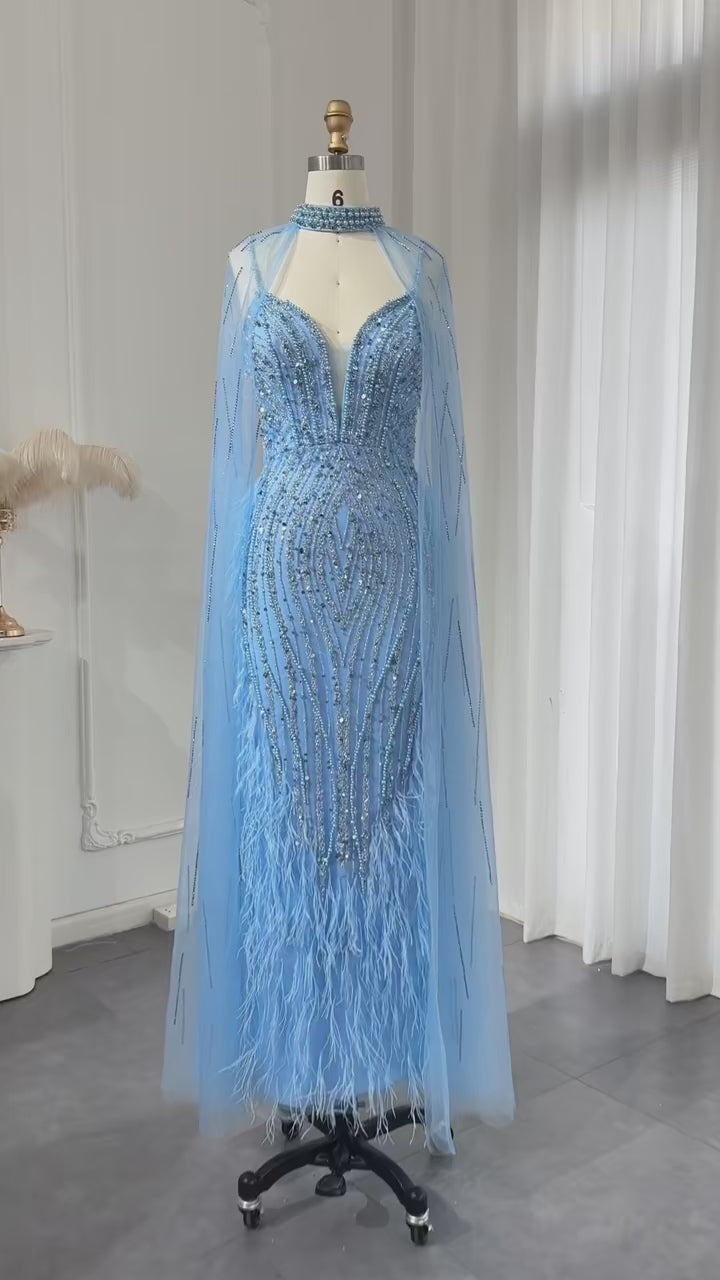 Luxury Feather Nude Mermaid Spaghetti Evening Dress with Cape SS185