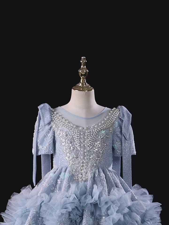 DreamyVow Luxury Arabic Flower Girl Dress Dubai Blue Pearls Beaded Princess Gown for Kid Birthday Wedding Party Pageant J020