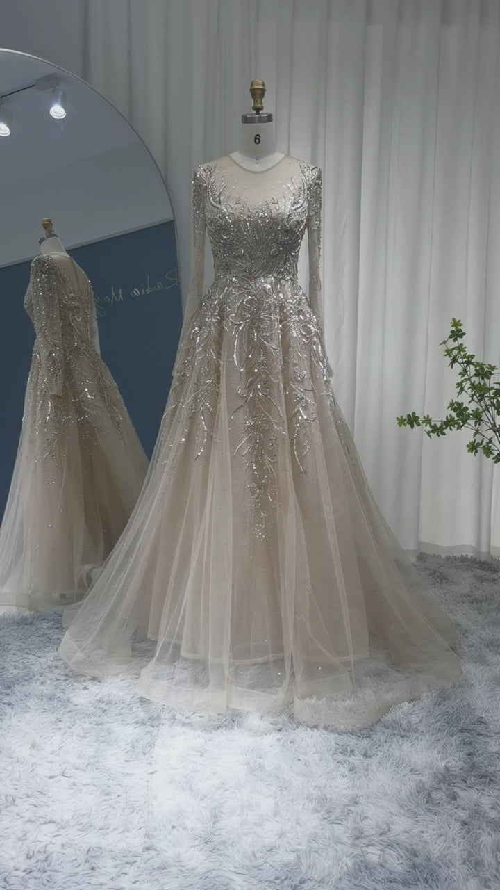 Dreamy Vow Luxury Gold Muslim Evening Dresses 2023 Dubai Beaded Long Sleeve Arabic Formal Dress for Women Wedding Party SS307