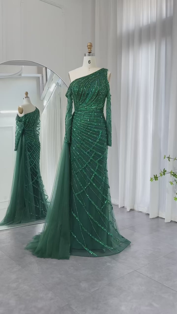 Dreamy Vow Emerald Green One Shoulder Mermaid Evening Dress with Overskirt Long Sleeves Luxury Dubai Wedding Party Gowns SS413