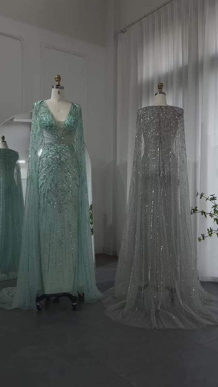 Dreamy Vow Luxury Dubai Turquoise Mermaid Evening Dresses with Cape V-Neck Arabic Silver Grey Wedding Formal Party Gowns SS397