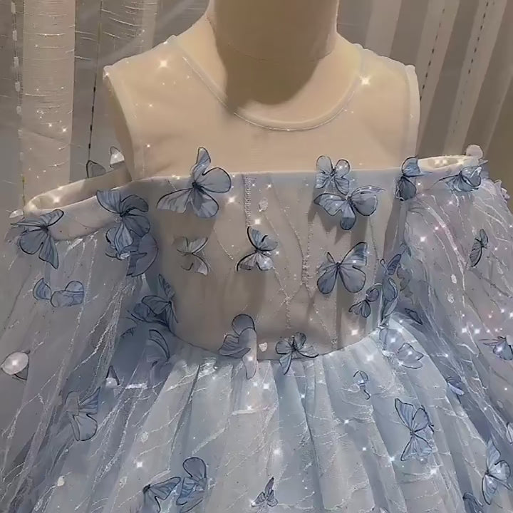 DreamyVow Elegant Blue Dubai Girl Dress with Bow Arabic Princess Kids Wedding Birthday Party Ball Gown2024 J389