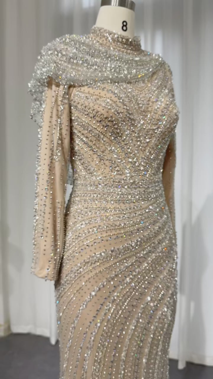 Luxury Beaded Silver Long Sleeves Evening Dress with Cape SS035